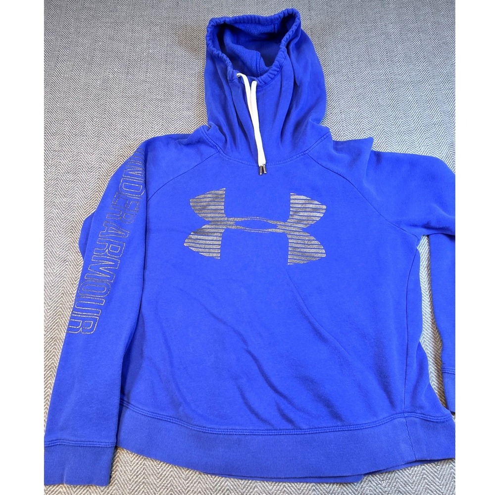 Under Armour Womens Blue Glitter Logo Funnel Neck Loose Fit Hoodie Large